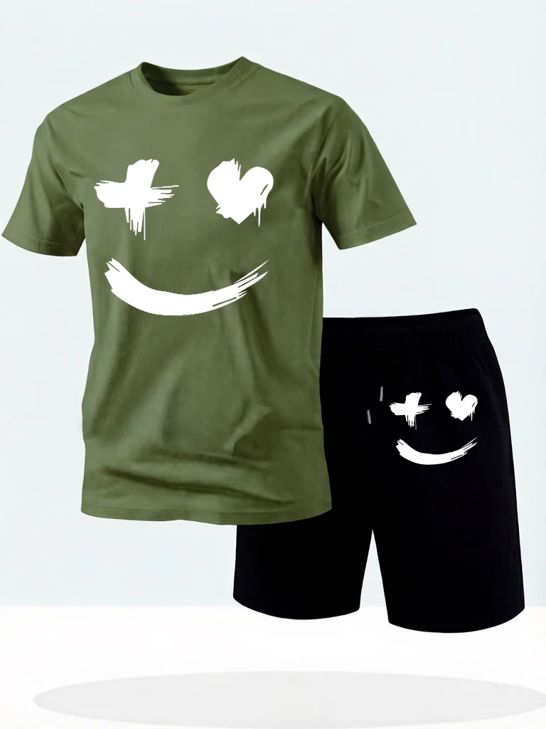 

Creative Funny Faceprint Men Cotton Loose Classic Short Sleeve Sport Street T-Shirt Suit Breathable Summer Tees & Shorts Unisex
