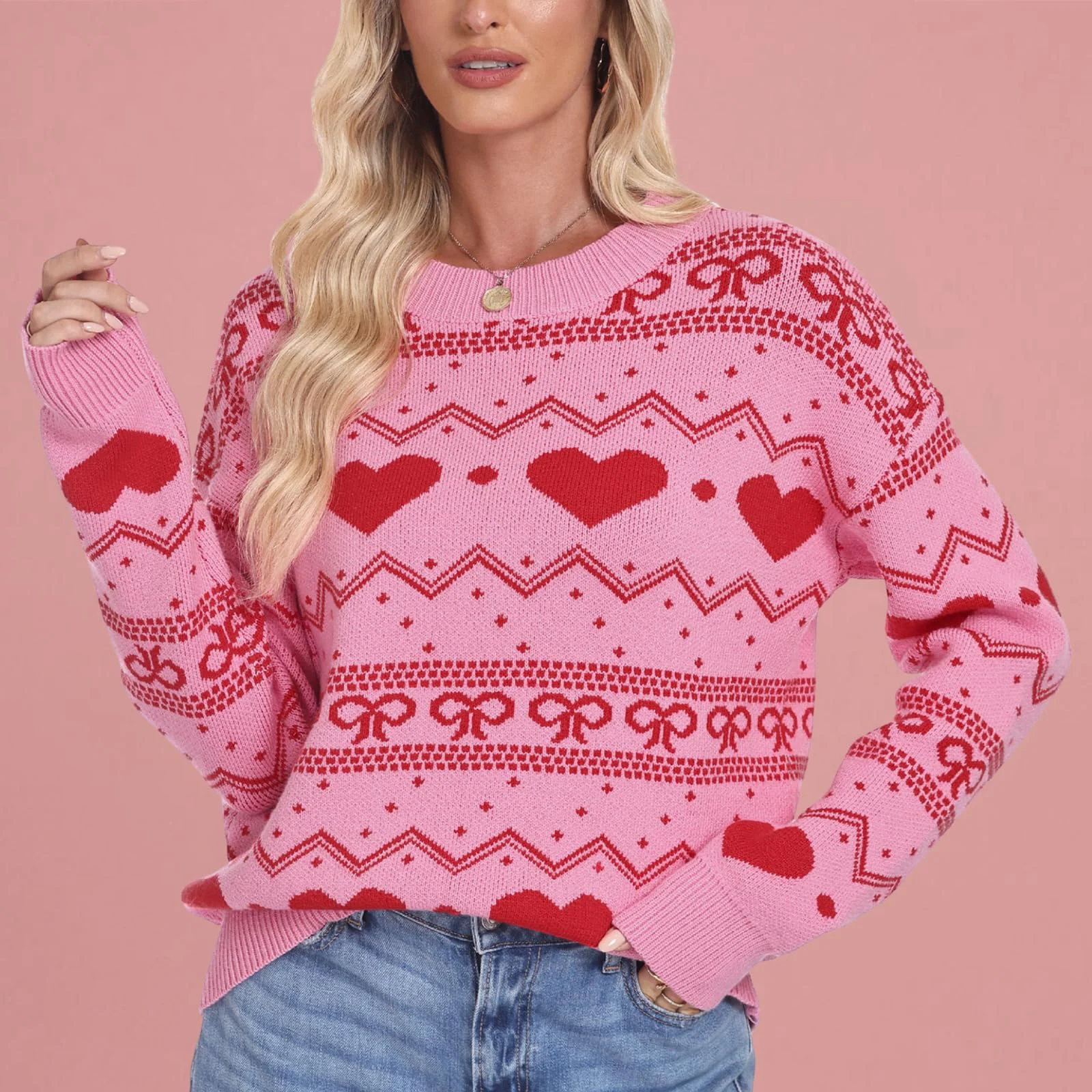 

Женский модный пуловер в форме сердца с круглым вырезом и длинными рукавами, пуловер контрастного цвета, топы свитера De Mujer