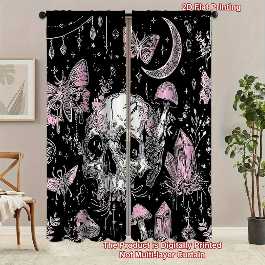 2PCS Digital Printed Curtains, Skull Pink Butterfly Moon Pattern, Dark Style Rod Pocket Drapes for Bedroom Living Room Decor