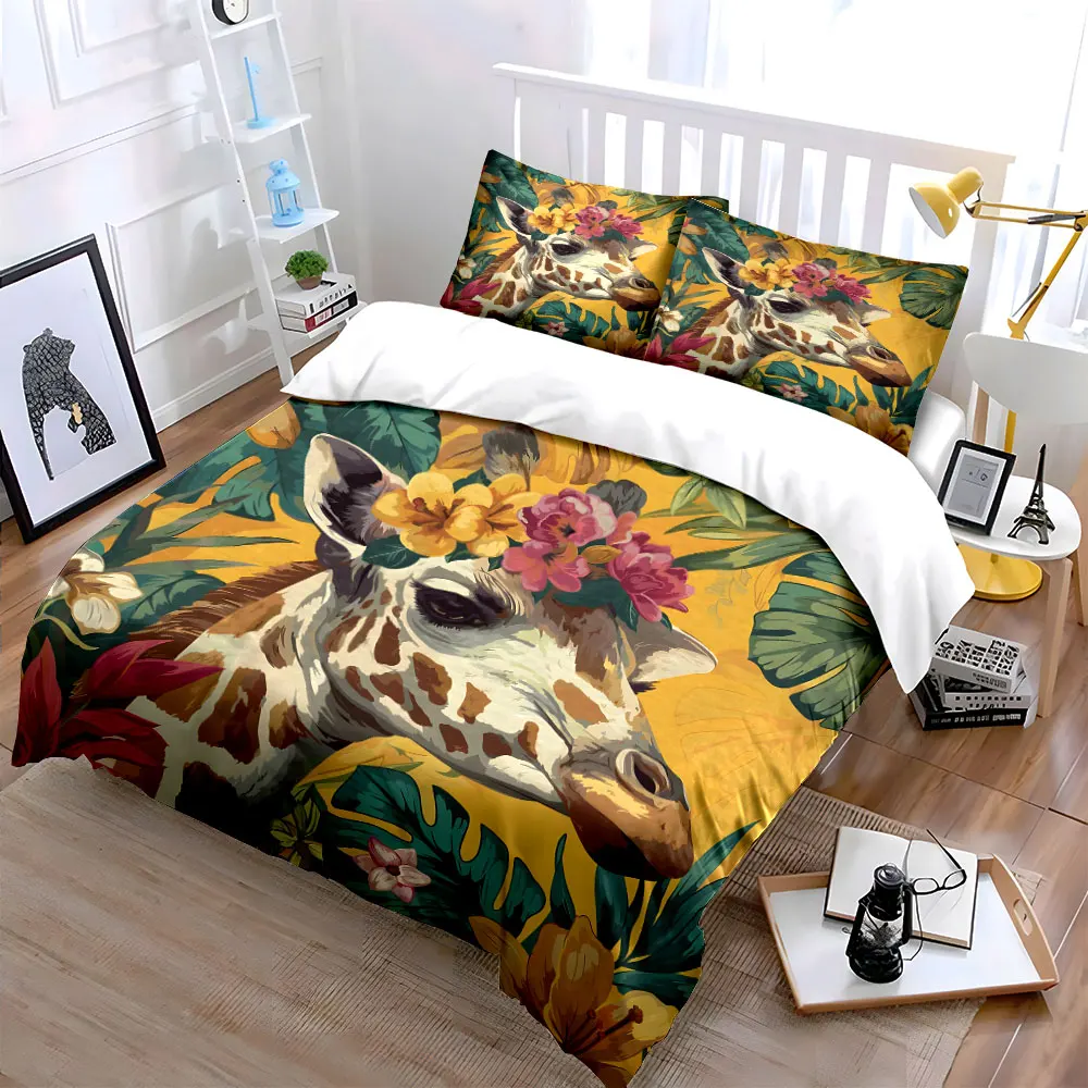 Giraffe with Floral Tropical Background Bedding Set for Kids Luxury Gift 3pcs Digital Print Comforter Set Soft Comfortable