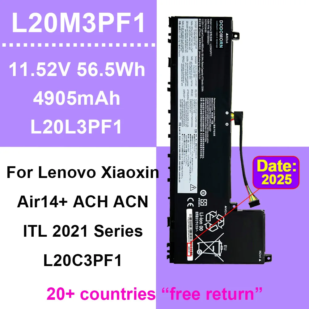 

11.52V 56.5Wh L20M3PF1 Battery For Lenovo Xiaoxin Air14+ ACH ACN ITL 2021 L20L3PF1 L20C3PF1 L20D3PF0 SB11B44631 Laptop 4905mAh