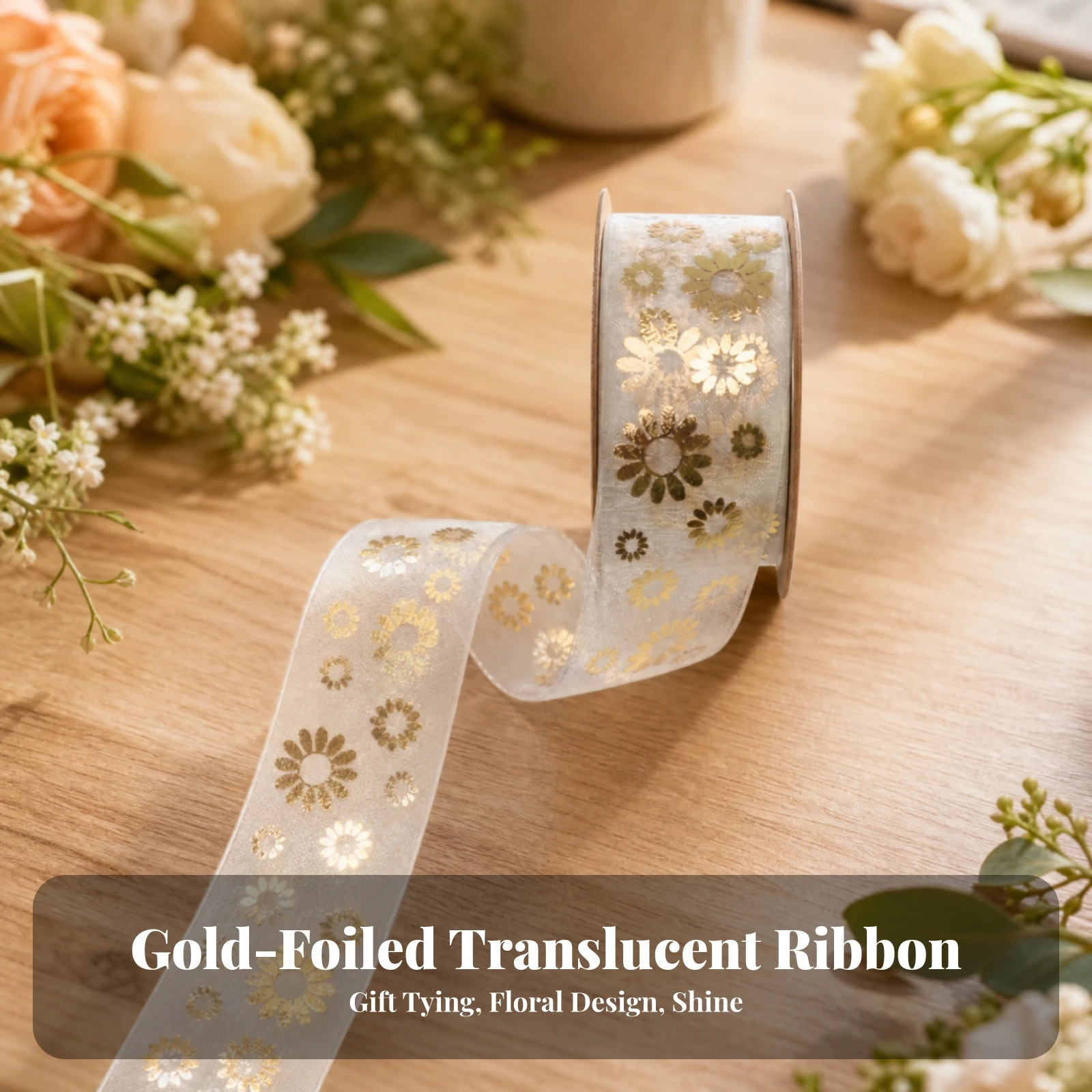 Translucent Organza Ribbon with Gold Foil Decoration Translucent 10m Organza Ribbon Roll Lightweight Tear-Resistant