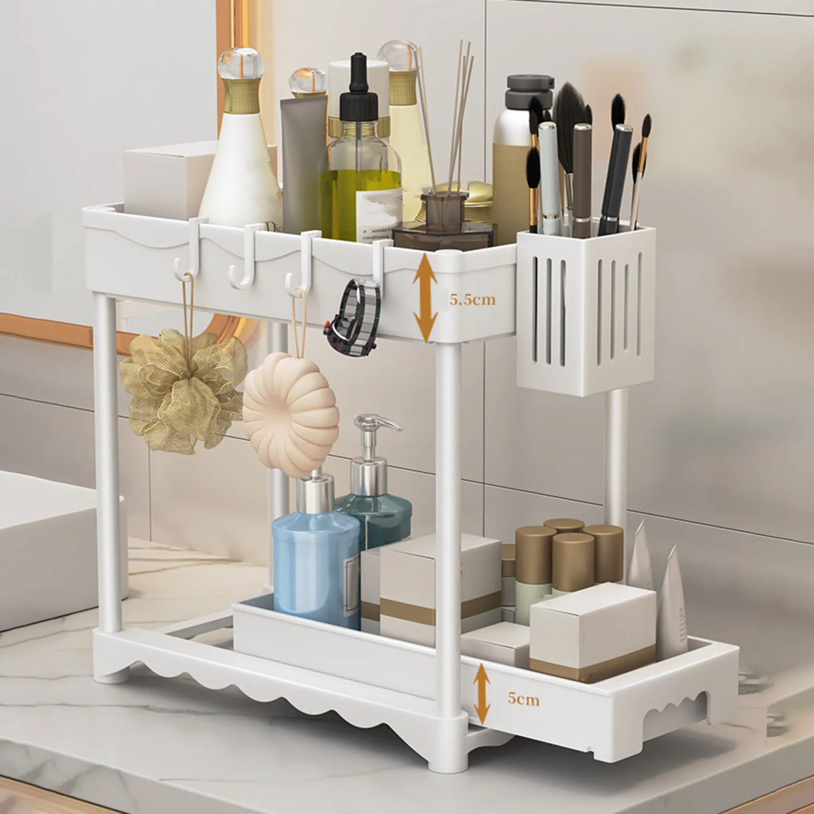 Under Sink Storage Rack Pull Out Bathroom Cabinet Organizer with Hook Storage Cylinder 2 Tier Easy Assembly Under-Sink Storage