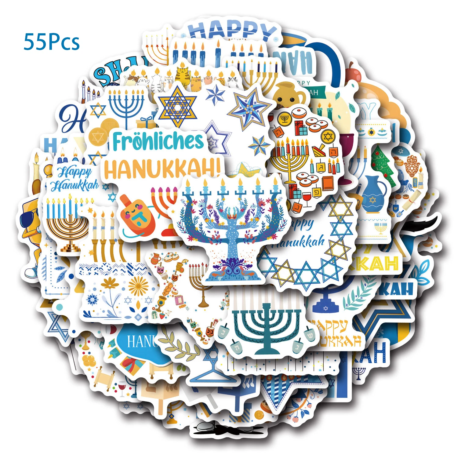 55Pcs Hanukkah Theme Paper Sticker Chanukah Candle Luggage Skateboard Graffiti Stickers for Jewish Happy Hanukkah Party Decor