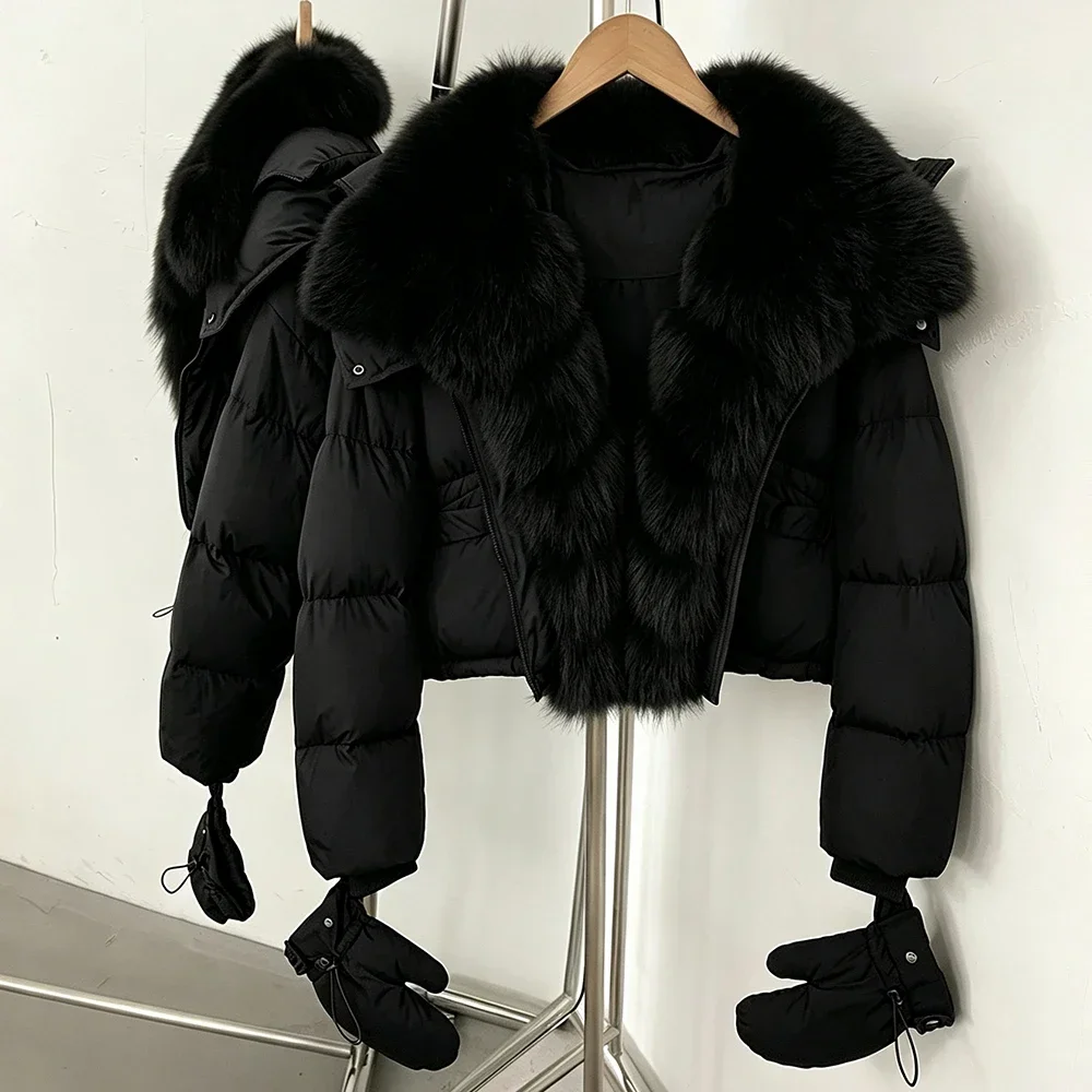 OFTBUY Damen-Daunenjacke mit Kapuze, kurze Oberbekleidung mit abnehmbaren Handschuhen, Reißverschluss, echtes Fell, Daunenjacke mit echtem Fuchsfell – Detail 10