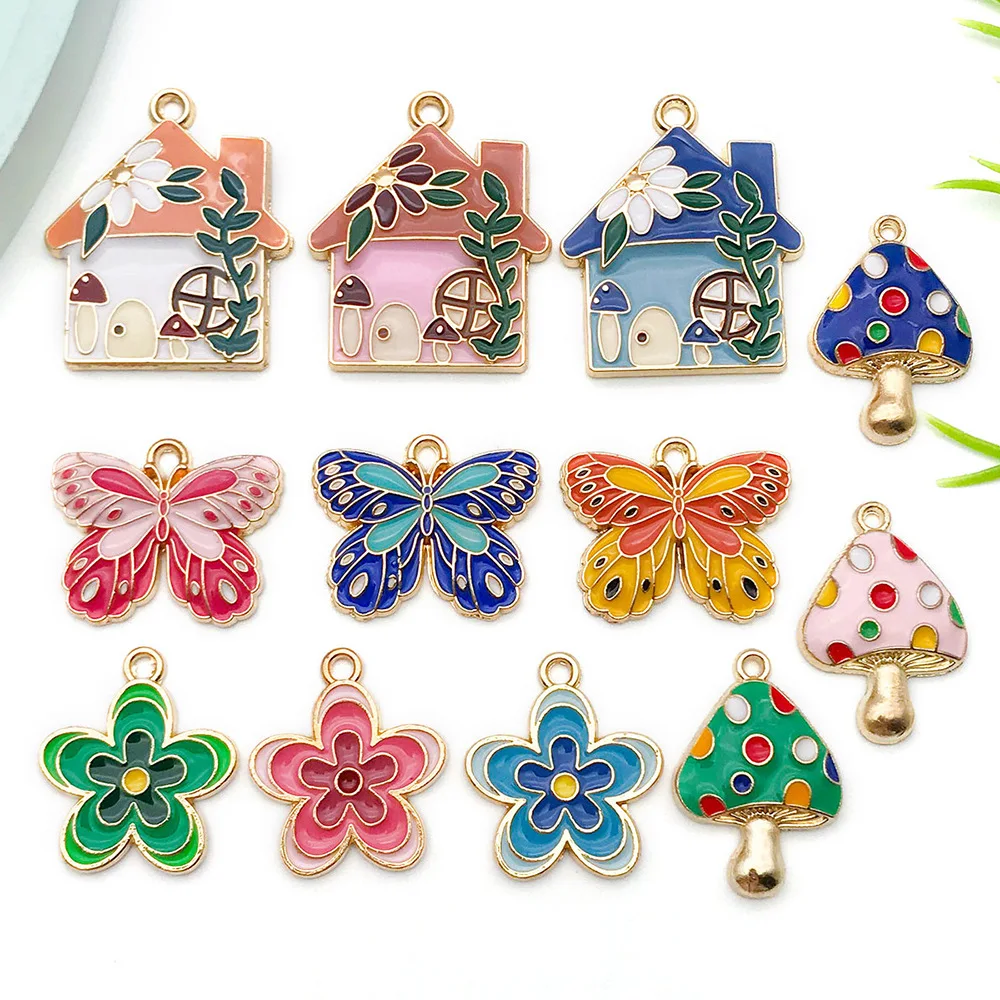10pcs Enamel Colored Mushroom Pendant Butterfly Charms Handmade Necklace Bracelet Accessory DIY Handmaking Jewelry for Women