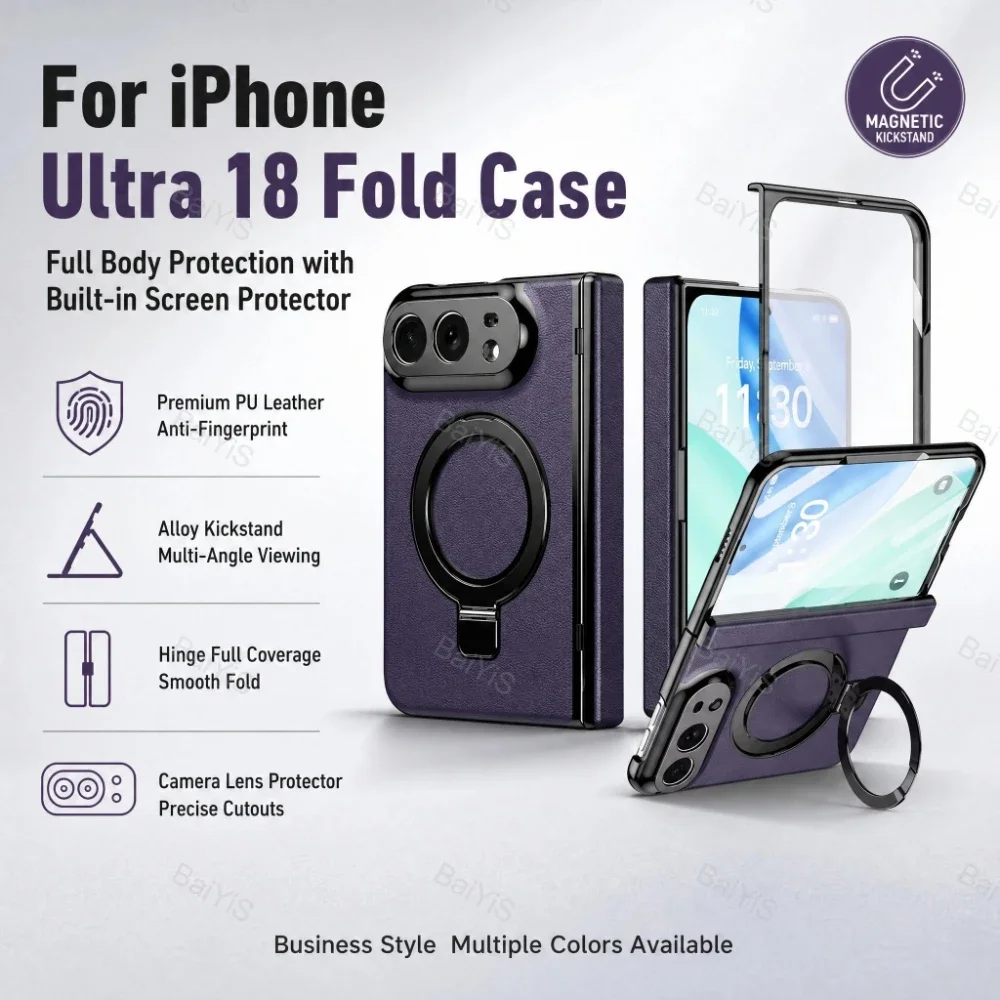 Premium PU Leather For Magsafe Magnetic Ring Bracket Case For iPhone Duo Full Screen Glass Anti-scratch Hinge Protection Cover
