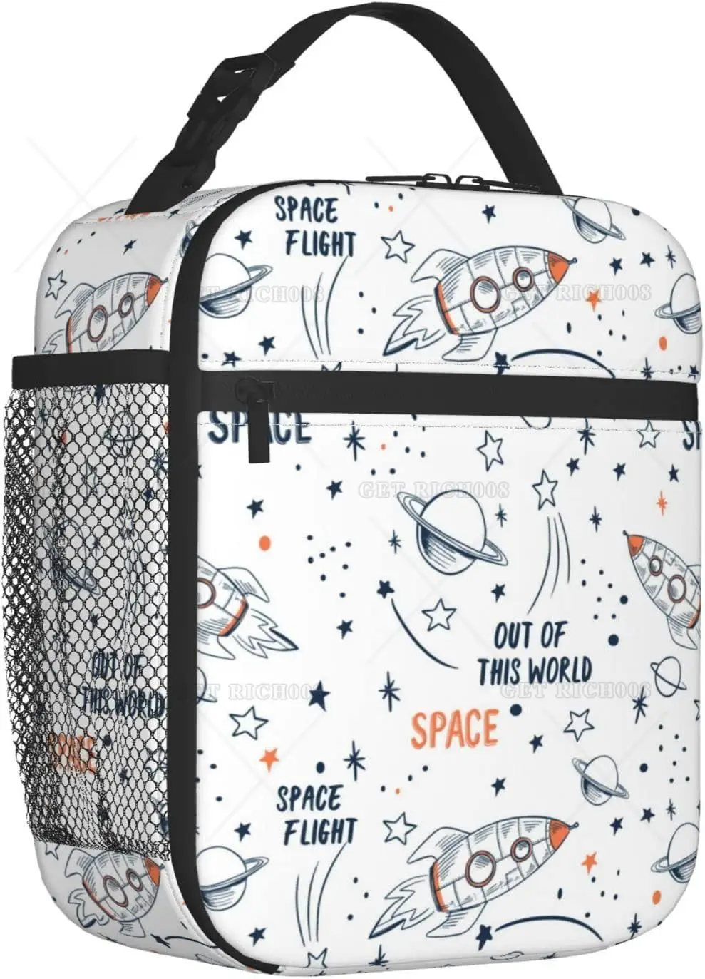 Cartoon Space Rocket Planets Stars Insulated Lunch Bag for Boys Lunch Box for Office Travel Meal Tote Bag for Women and Men