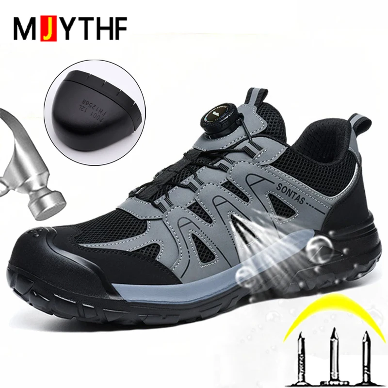 Breathable Mesh Men Safety Shoes Rotating Button Work Shoes Steel Toe Cap Protection Shoes Puncture-Proof Indestructible Shoes