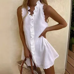 New Women Casual Cotton And Linen White Dress Summer V Neck Ruffles Sleeveless Elegant Boho Beach Party Mini Dresses Female Robe