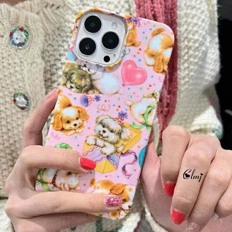 Cute Vintage Y2K Dog Phone Case for iPhone 16 15 14 13 12 11 Pro Max XS XR XSMax 6 7 8 Plus Glossy HD Hard PC Cover