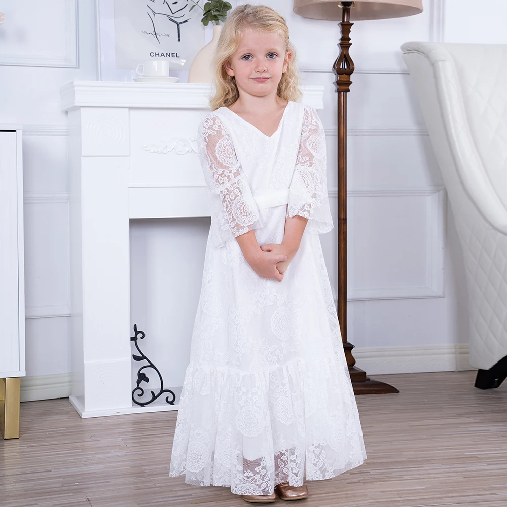 Long Sleeve Princess Party Dress For Kids Girl Lace V Neck Girls Wedding Dress Comunion Gown Cute Girls Clothes Robe Noel Fille