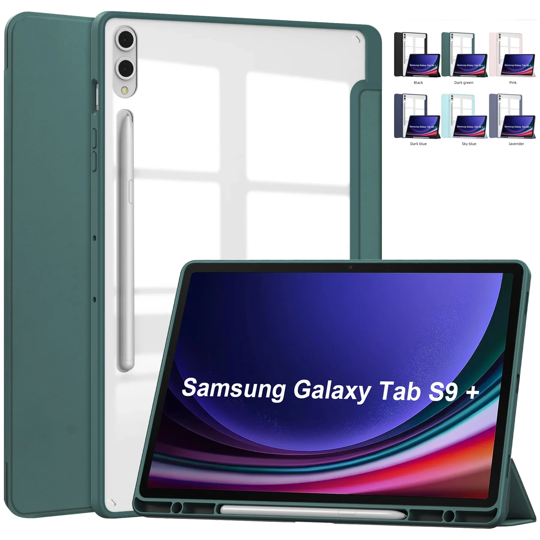 Case for Samsung Galaxy Tab S9 Plus 12.4 Inch 2023 SM-X810 SM-X816B SM-X818U Tri-fold Transparent Back Cover Built-In Pen Holder