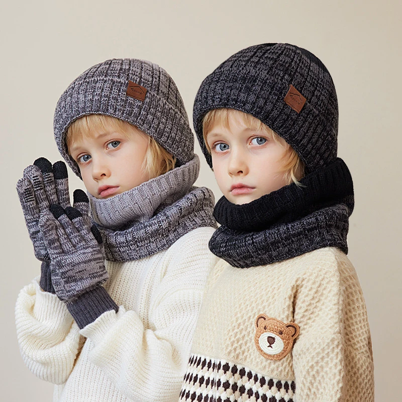 Ensemble bonnet écharpe et gants pour enfants, bonnet en fil de laine, bonnet tricoté à rayures, doublure sourire, garçons et filles, garde au