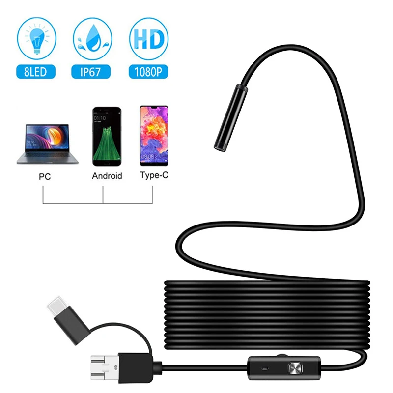 7mm Mini Endoscope Camera 1m/1.5m/2m Hard Flexible Tube Mirco Usb Type C Borescope Video Inspection For PC/Android Car Endoscope