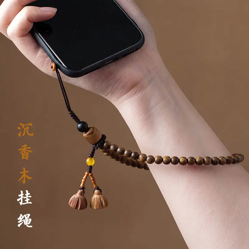 Agarwood Kalimantan mobile phone lanyard women's lanyard short wrist pendant Chinese style retro lanyard