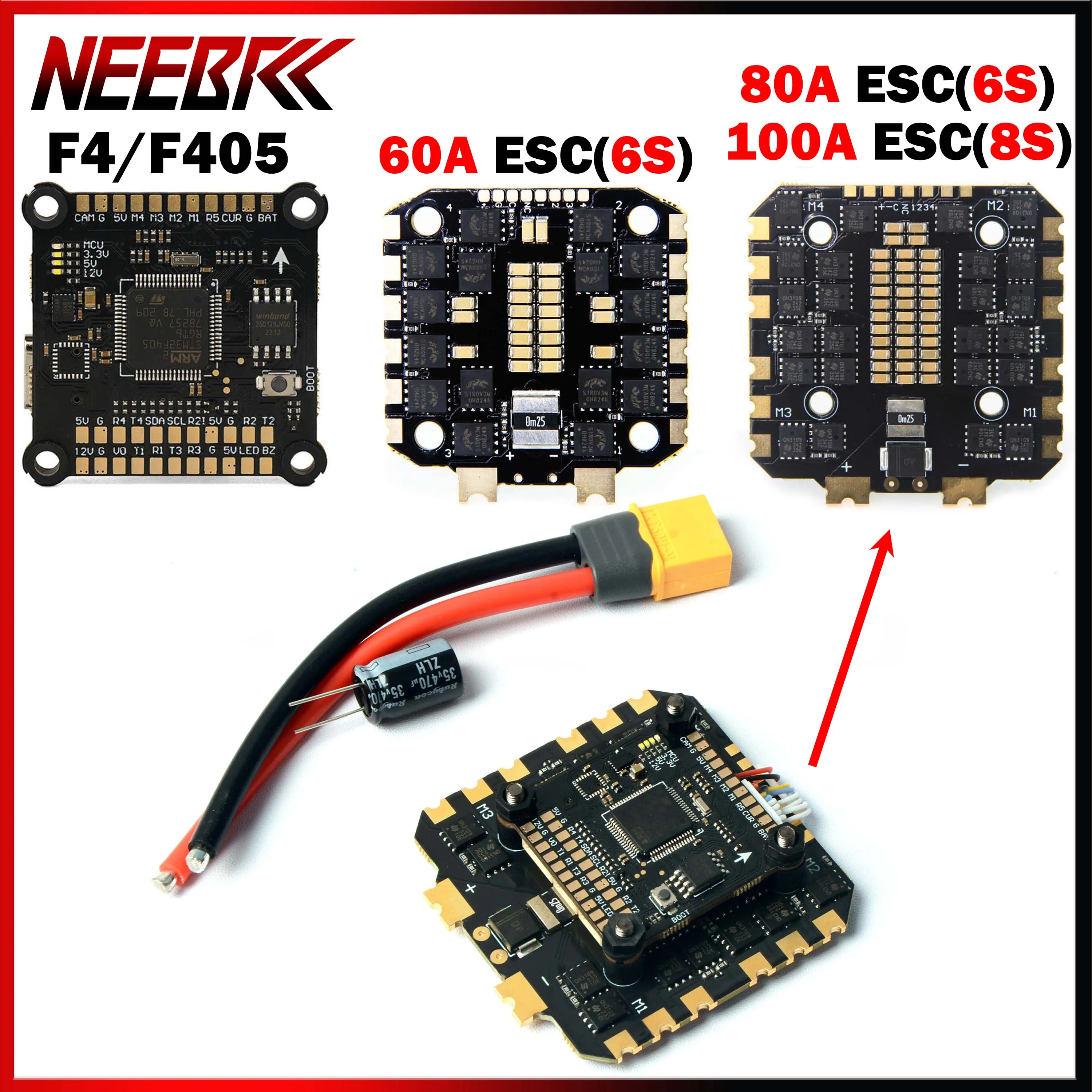 

NEEBRC F4 Flight Controller FC 4 in 1 60A 80A 100A Brushless ESC Board 5V 12V BEC Dual for RC FPV Racing Drone Mark4 Quadcopter