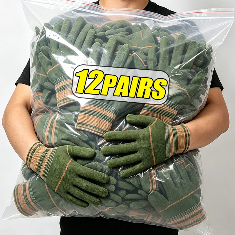 1/12Pairs Fashion Nylon Anti Slip Wear-resistant Work Protective Gloves for Women Men Green Auto Repair Machinery Work Gloves