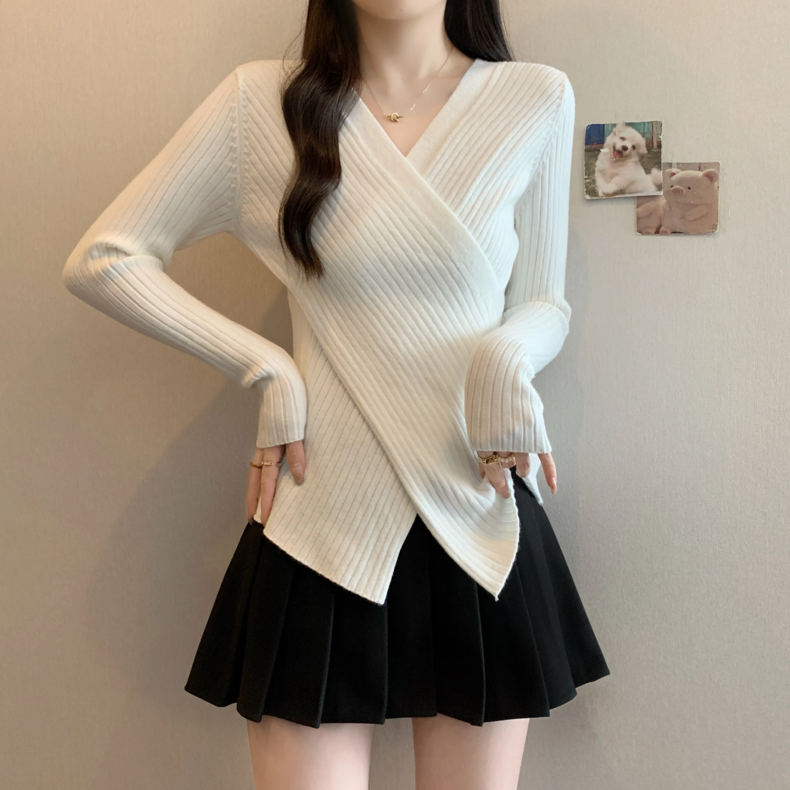 

Женский осенне-зимний новый асимметричный вязаный длинный свеч V-Ne, белый свитер Base irt для полной сестры