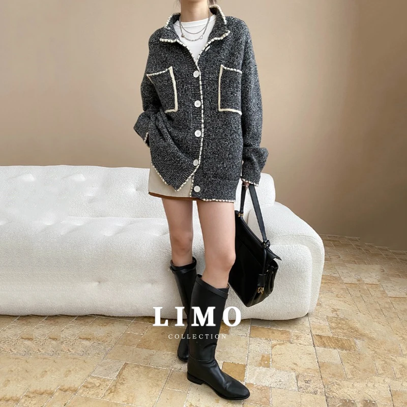 

LIMO 2025, осенне-зимний модный свободный вязаный кардиган для женщин, цветная блокировка, ленивый стиль, акриловое нейлоновое пальто, повседневная верхняя одежда
