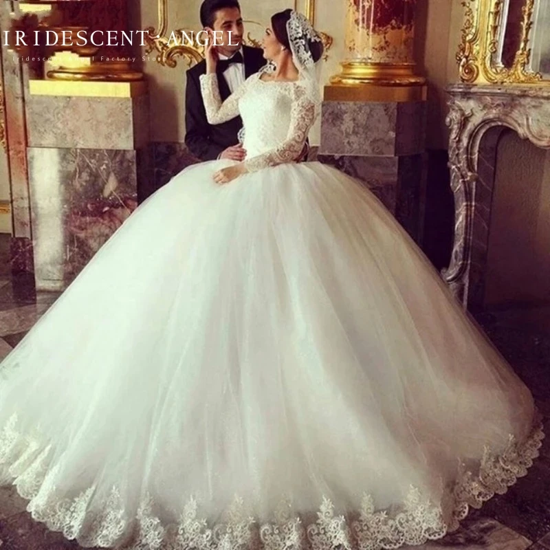 IRIDESCENT Ball Gown O-Neck Saudi Arabian Lace Wedding Dresses For Women Long Sleeves Brides Dress Romantic Robe De Mariee