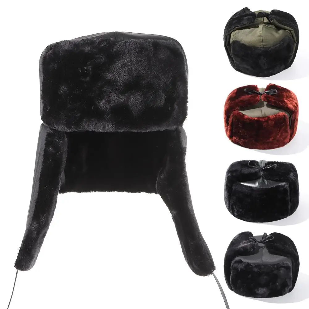 Inverno quente earflap bonnet neve bonés trapper bombardeiro chapéus de pele chapéu de esqui russo ushanka