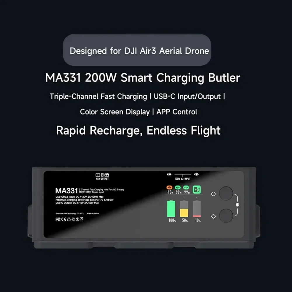 ISDT MA331 Air 3 Charging Hub,200W 3 Channel Smart Battery Charger with APP Connection LCD Display and Discharge for RC Drone