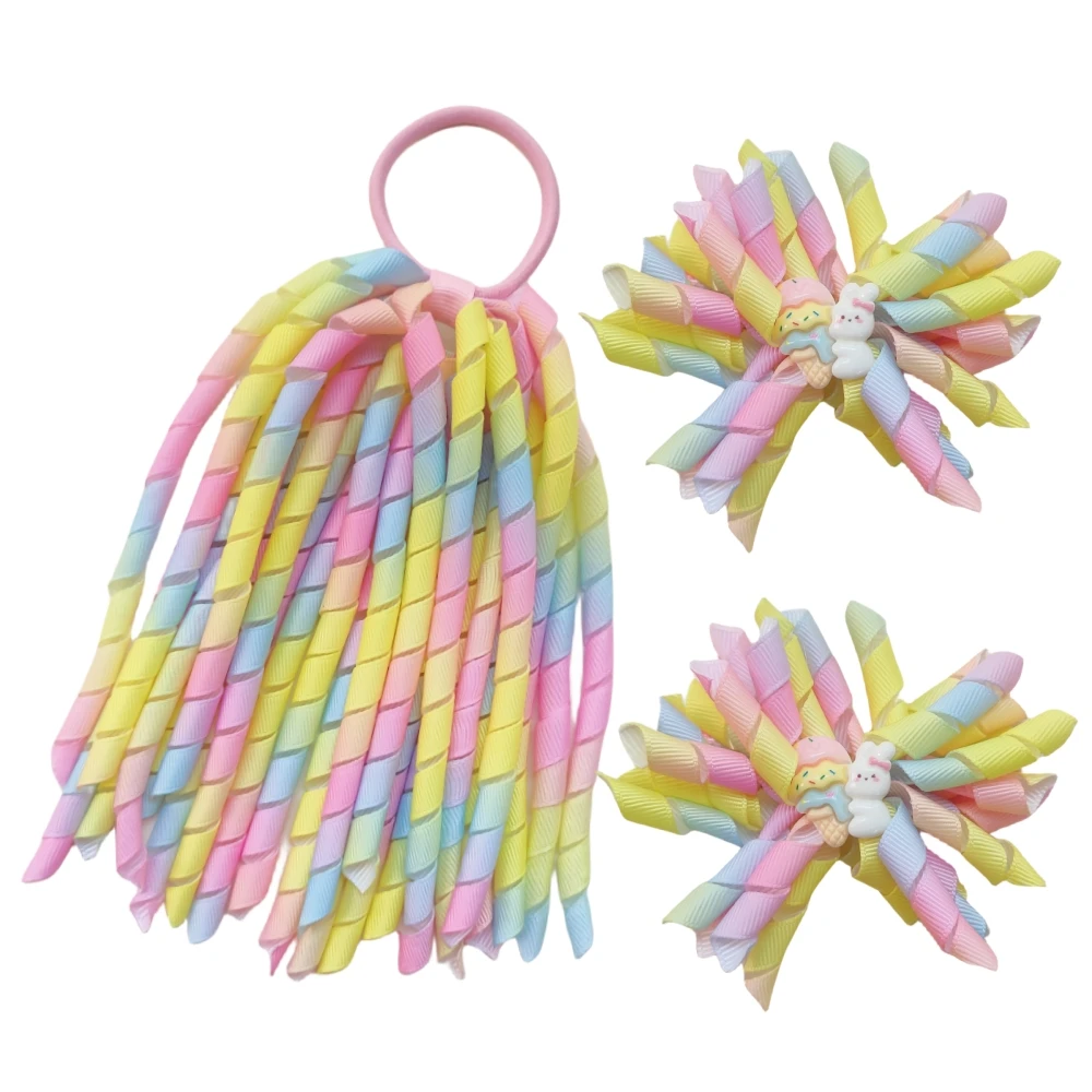 Girl's Long Korker Elastic Hairband Hair Bow Flower Clip Set Corker 7'' Rainbow Curly Tassel Student Cute Bunny Hairpin 3PCS/Lot