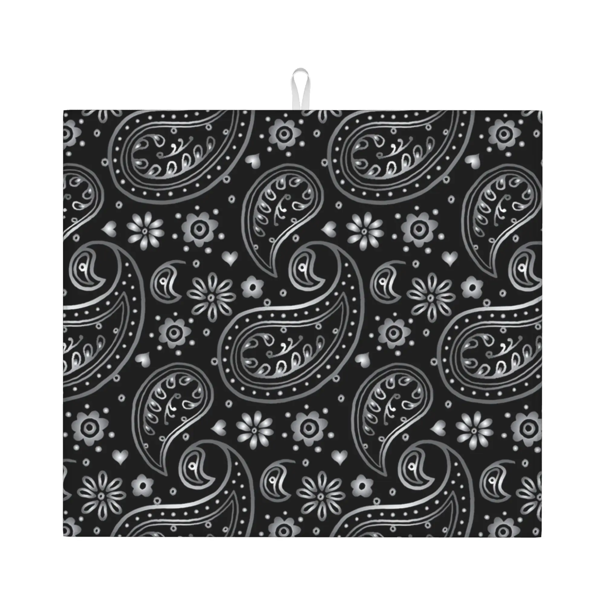 Silver And Black Paisley Design Non Slip Kitchen Counter ProtectorReusable Geometric Floral Texture Drying Mat For Kitchen