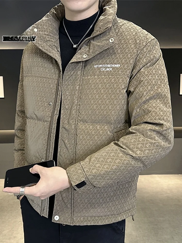 

Мужская зимняя куртка-пуховик с принтом, воротником-стойкой, модная, теплая, повседневная, с длинными рукавами, на молнии