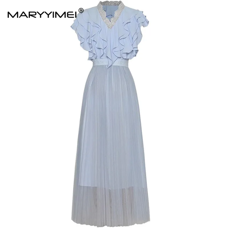 MARYYIMEI Fashion Women's New Vintage Lace V-Neck Flounced Edge Short Sleeved Slim-Fit Mesh Pleated Shaggy Ball Gown MIDI Derss