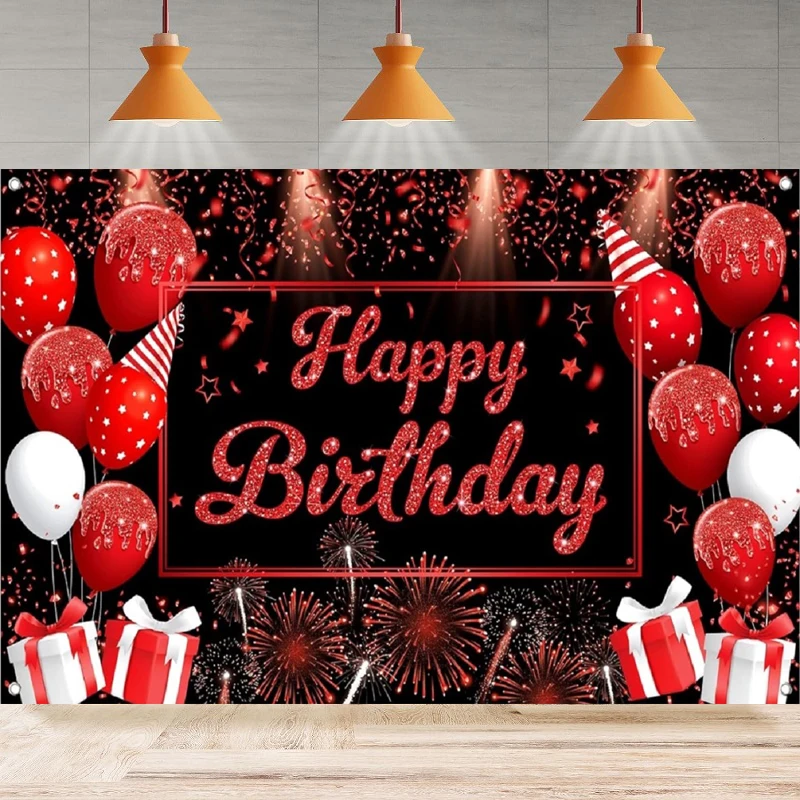 Photography Backdrop Red And Black Happy Birthday Poster For Balloon Background Home Party Backdrop Wall Banner Decor