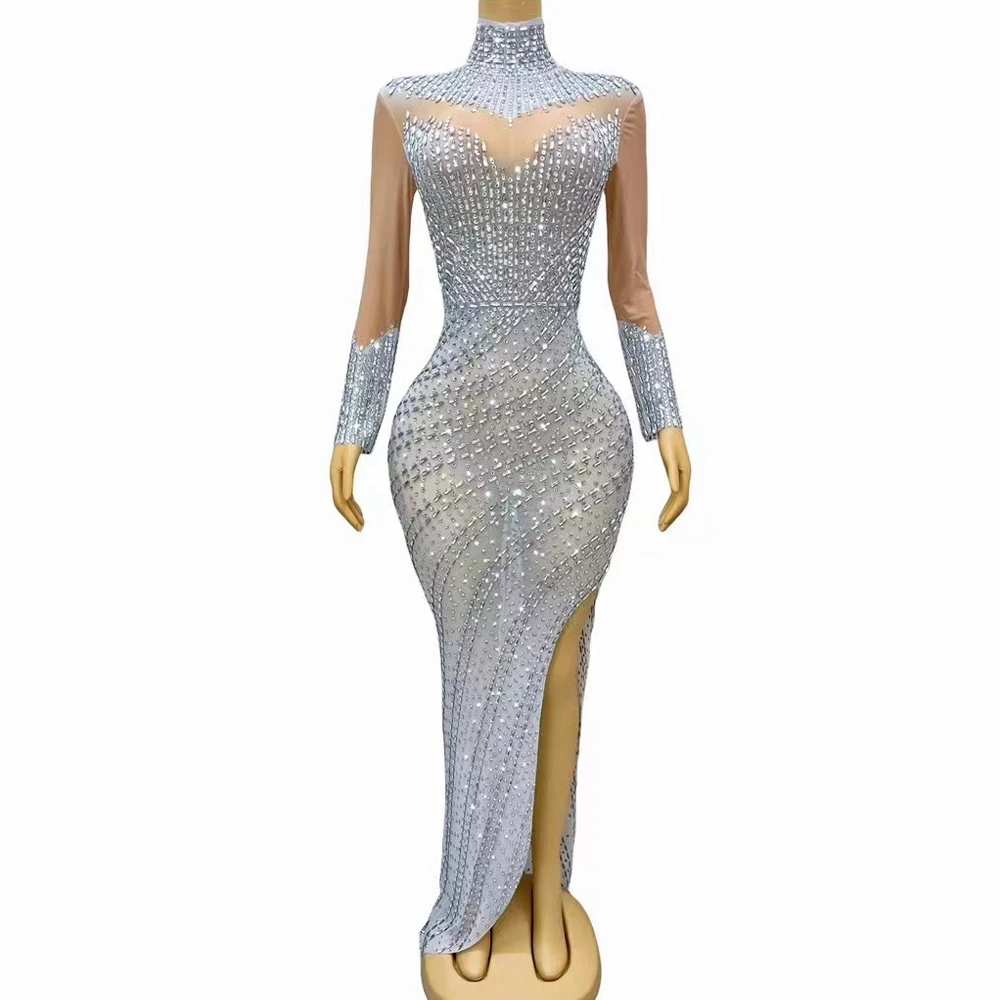 Vestido de fiesta de noche con diamantes de imitación plateados brillantes para mujer, vestido dividido de manga larga, vestido de alfombra roja, disfraz de lujo, elegante, escenario Sexy