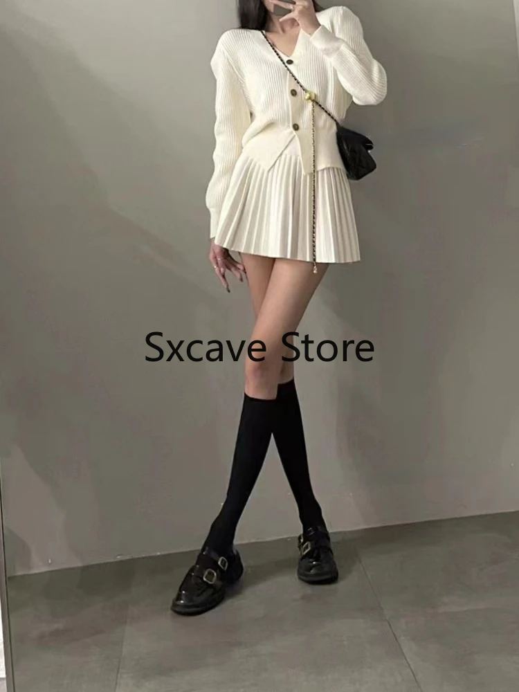 Knitted 2 Piece Set Vintage Casual Cardigan + French Sweet High Waist Sexy Bodycon Mini Skirt Korean Sweater Suit 2024 Autumn