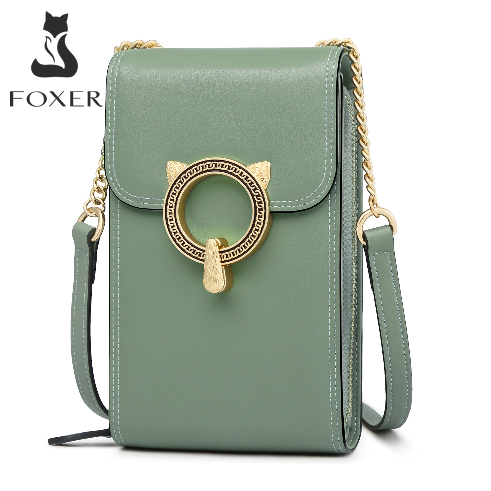 

FOXER Split Leather Chic Women Cellphone Bag 2026 Flip Round Lock Bag Lady Cross body Bag with Credit Card Slot