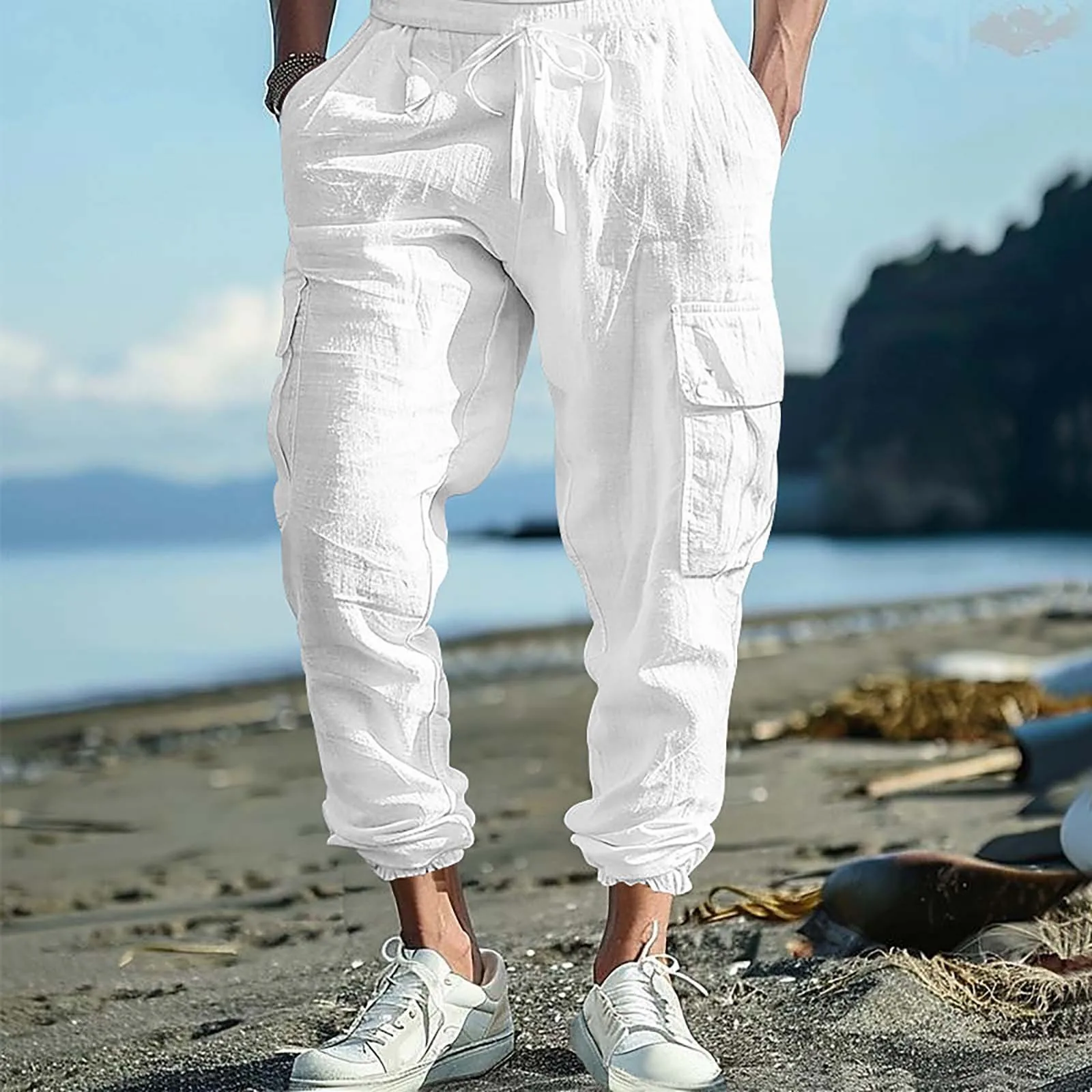 Mens Long Pants Summer Drawstring Trousers Leisure Resort Trousers Men Thin Oversized Loose Straight Leg Pant New Thin Foreign