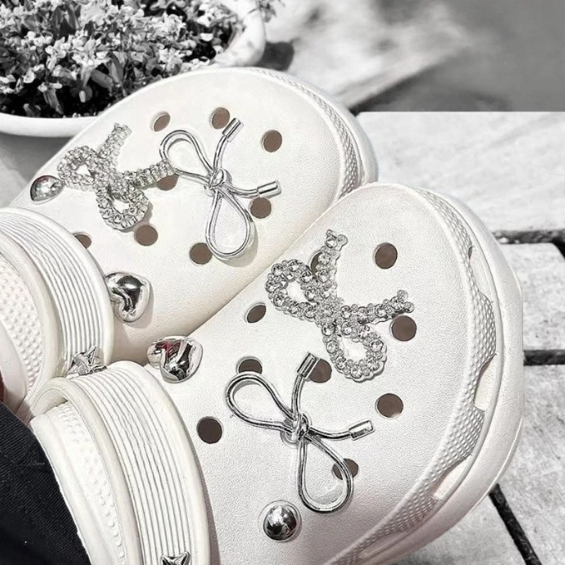 12Pcs Electroplated Silver Bow Tie Shoe Charms DIY Hole Garden Shoe Decorations for Girls Designer Accessory Pack