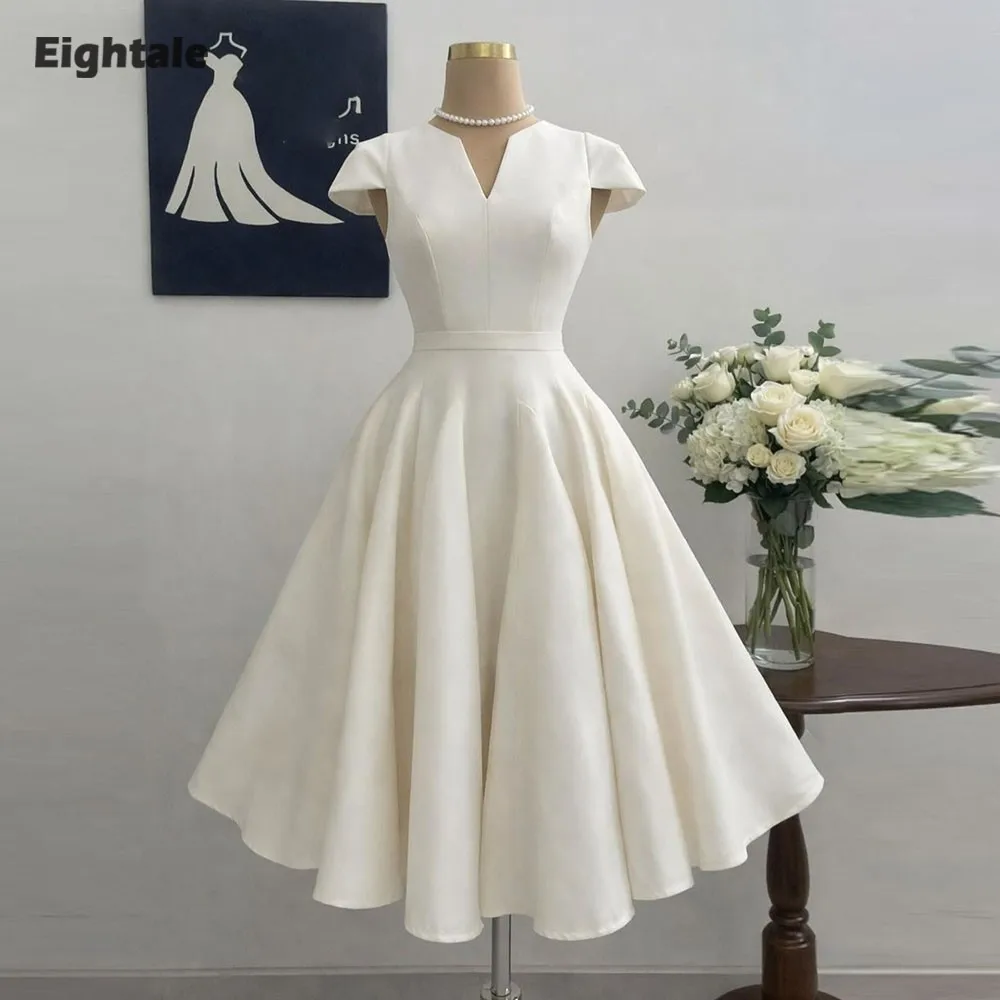 

Eightale Arabic Wedding Dress Customized Ivory V-Neck Bridal Gown Cap Sleeves Muslim Short A-Line Bride Party Dress