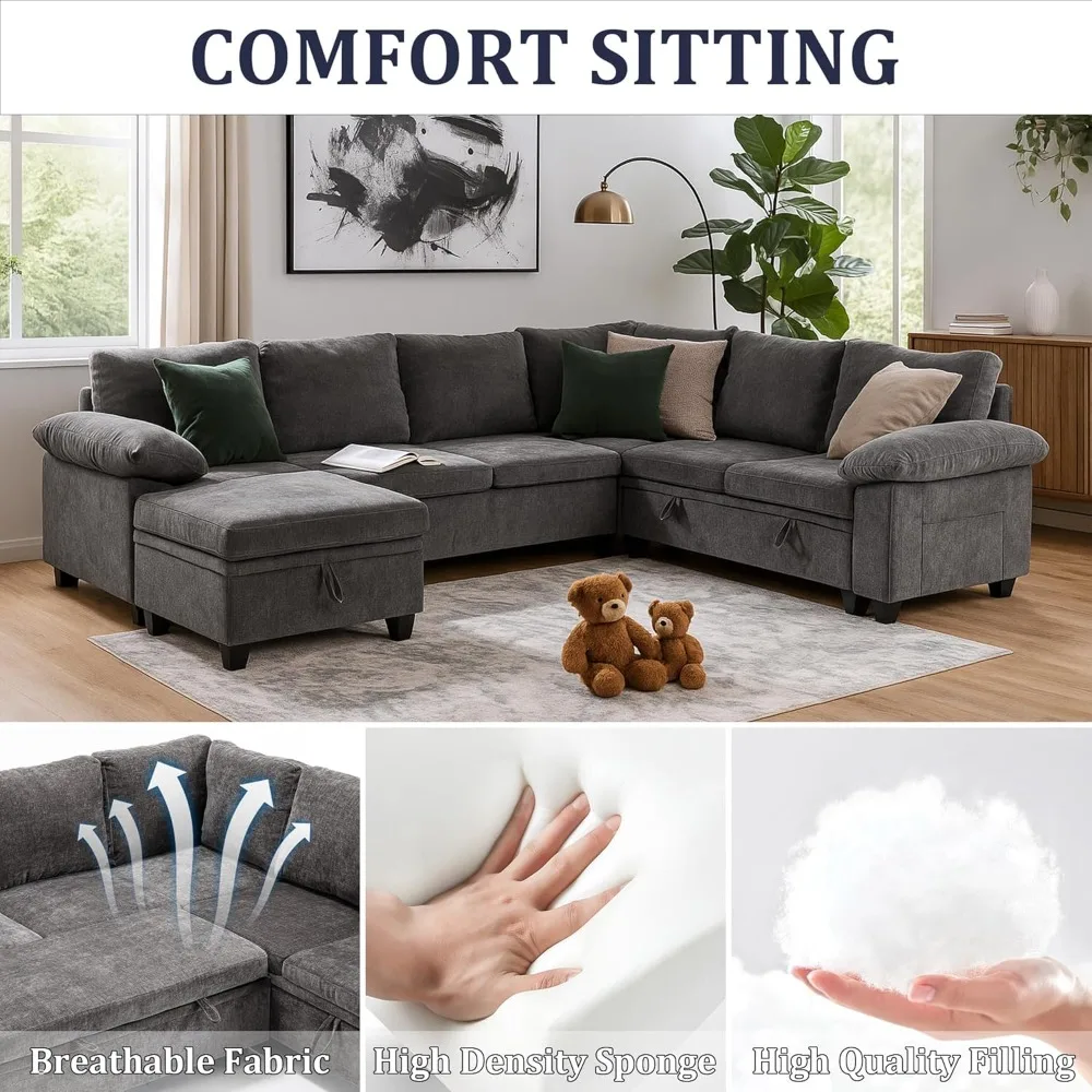 

108 Inch Sectional Sleeper L Shaped Sofa with Pull Out Bed, 7 Seat Modular Sectional Sofa with Storage, Modern, Customized