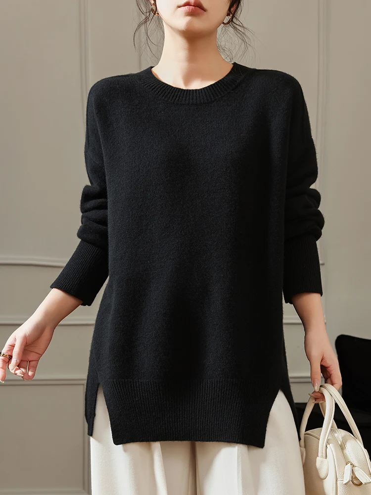 

Autumn Winter Women Pure Wool Round neck Pullover 100% Merino Wool Sweater Solid Loose Cashmere Warm Knitwear Mid Long Tops New
