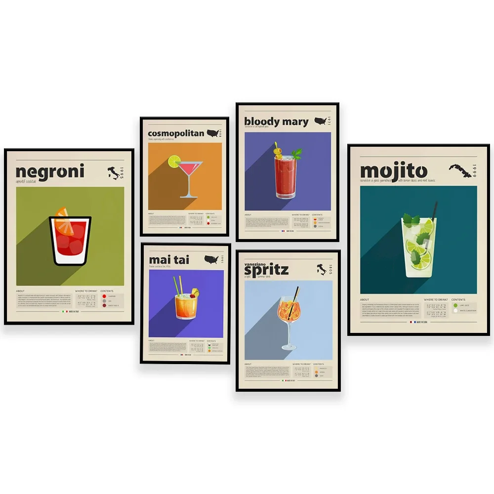 Cocktail Prints, Bloody Mary, Metropolis, Gin, Negroni, Mai Tai Poster Retro Poster, Housewarming Gift, Kitchen Decoration