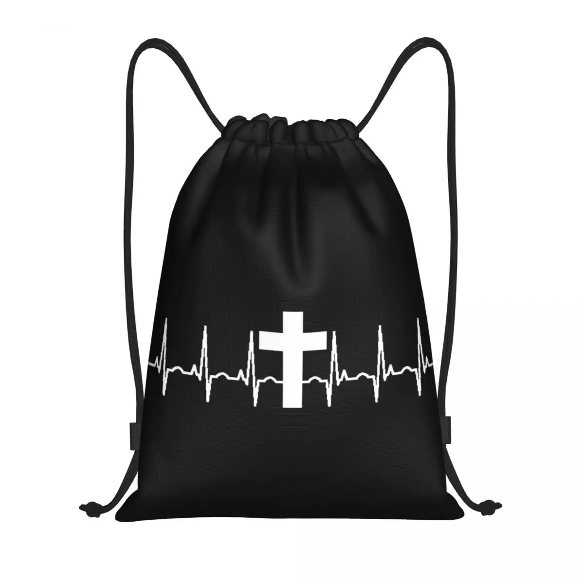 Custom Cross Jesus Heartbeat Drawstring Bag para Treinamento Yoga Mochilas Homens Mulheres Christian Sports Gym Sackpack