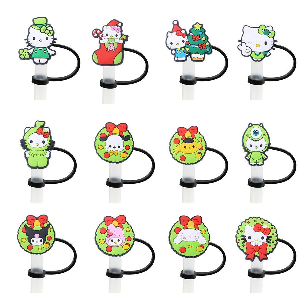 12pcs Cute Sanrio Silicone Straw Toppers for 10mm,Straw Caps for Glass Cup,with 30&40Oz Tumbler with Handle Dust-Proof Reusable