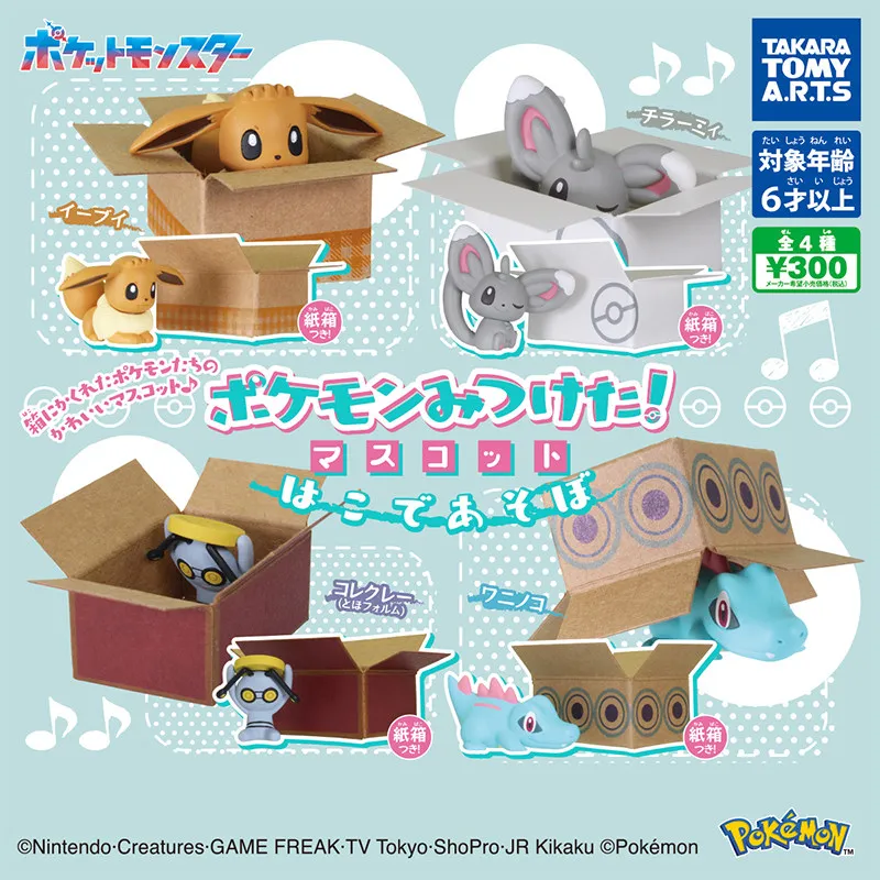 Auténtica serie japonesa Pkm: Eevee y Minccino ocultándose en una caja de cartón, juguetes coleccionables para decoración de escritorio, regalo de cumpleaños, en stock