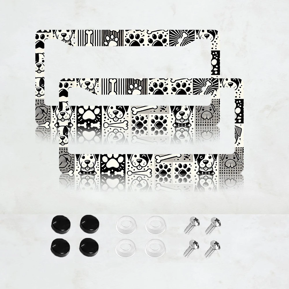 

2PC Black White Dog Plaid Dogs Bone Paw Aluminum License Plate Frame - US Standard Size, Decorative Car License Plate Bracket