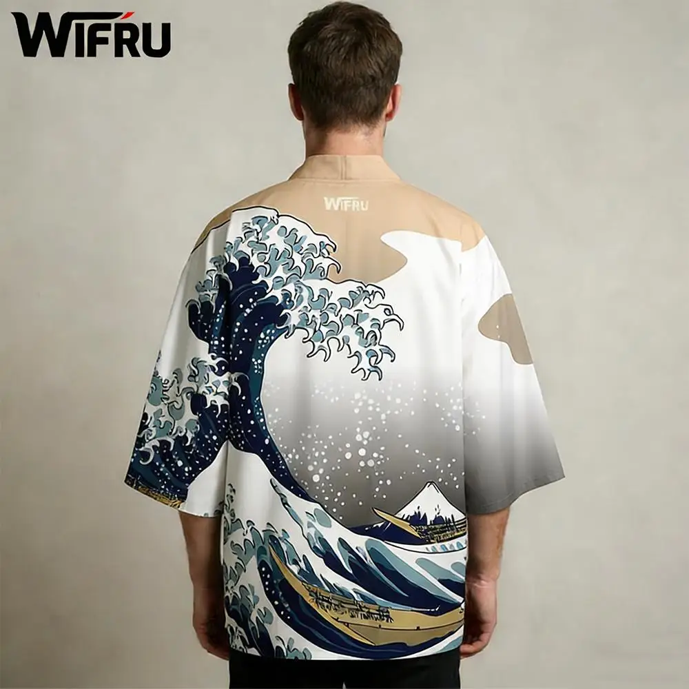 

Wave And Crane Japanese Print Kimono Unisex Harajuku WIFRU Vacation Beach Cardigan Yukata Street Japanese Traditional Clothing