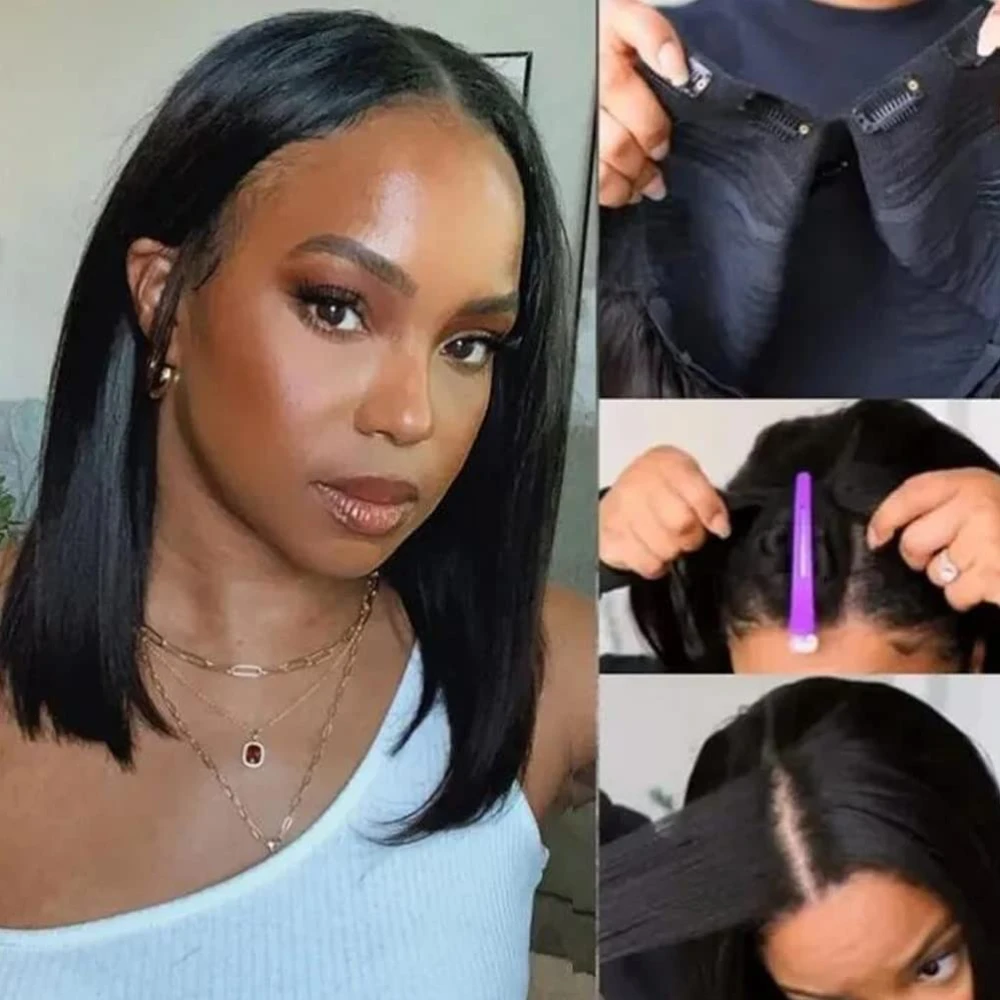 UNice Straight Bob V Part Wig Human Hair Lace V-Shaped Glueless Wig No or Minimal Leave Out 150% Density
