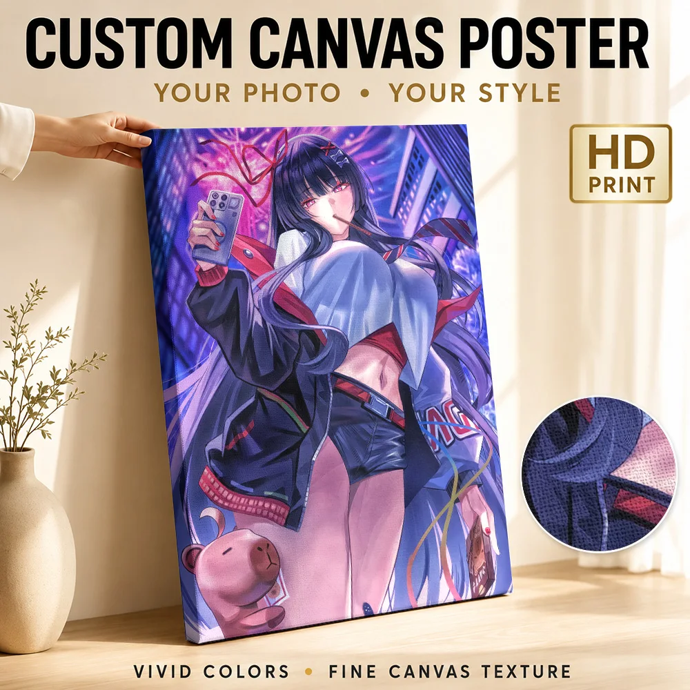Anime Girl in Cityscape with Smartphone Canvas Poster Personalized Gaming Anime Wall Art for Bedroom Decor Gift for Collectors