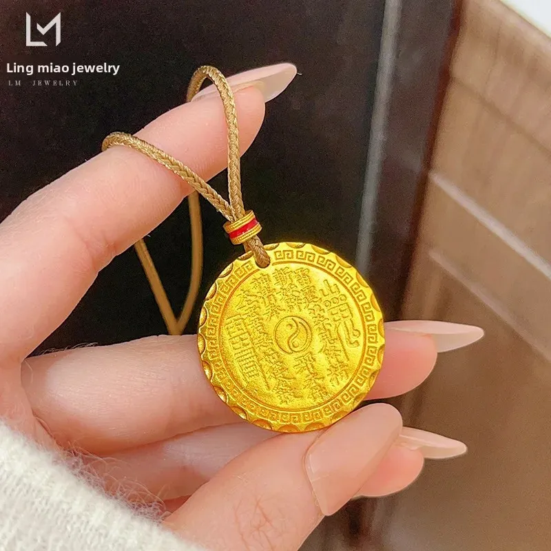 Pure Copper Plated 18K Jinshan Ghost Spending Gossip Pendant Necklace Chisel Carved Round Brand Woolen Chain Chinese Style Gifts