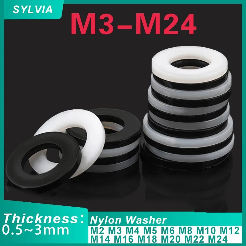 White/ Black Plastic Nylon Flat Washer Plane Spacer M2 M2.5 M3 M4 M5 M6 M8 M10 M12~ M24 Insulation Gasket Ring For Screw 0.5~3mm